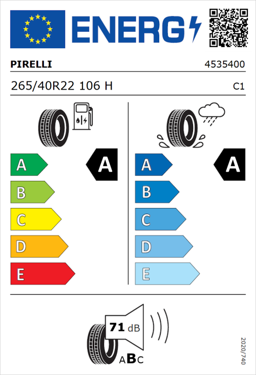 Tyre Label for Pirelli Scorpion 265/40R22 106H