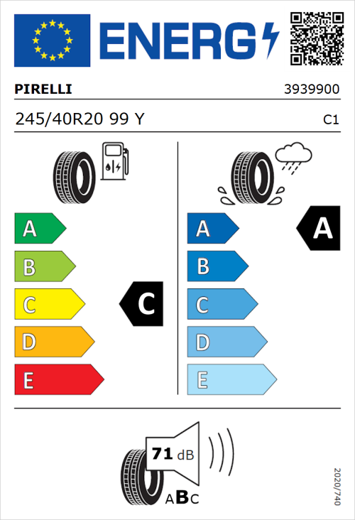 Tyre Label for Pirelli P Zero (PZ4) Sport Car 245/40R20 99Y