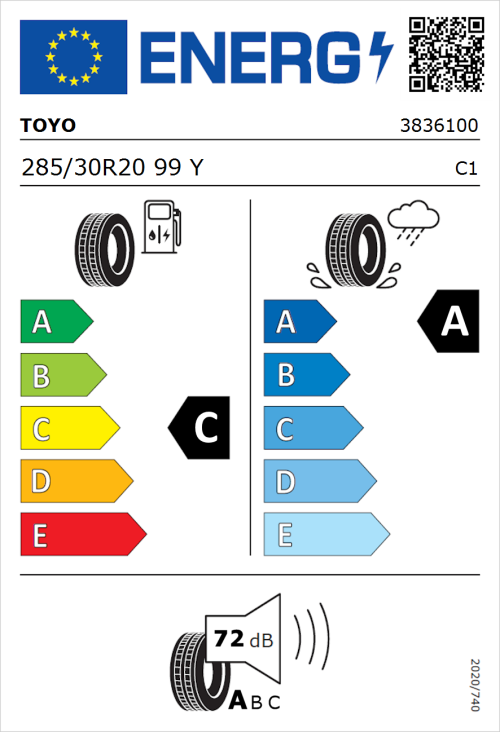 Tyre Label for Toyo Proxes Sport 285/30R20 99Y