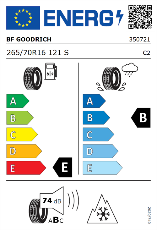 Tyre Label for BF Goodrich All Terrain T/A KO2 RWL 265/70R16 121S